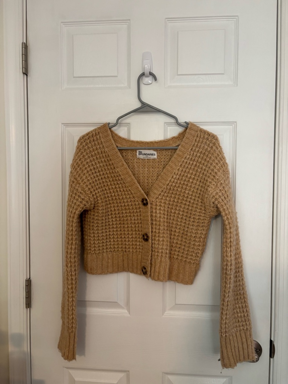 No Boundaries Camel Waffle-Knit Cropped V-Neck Cardigan